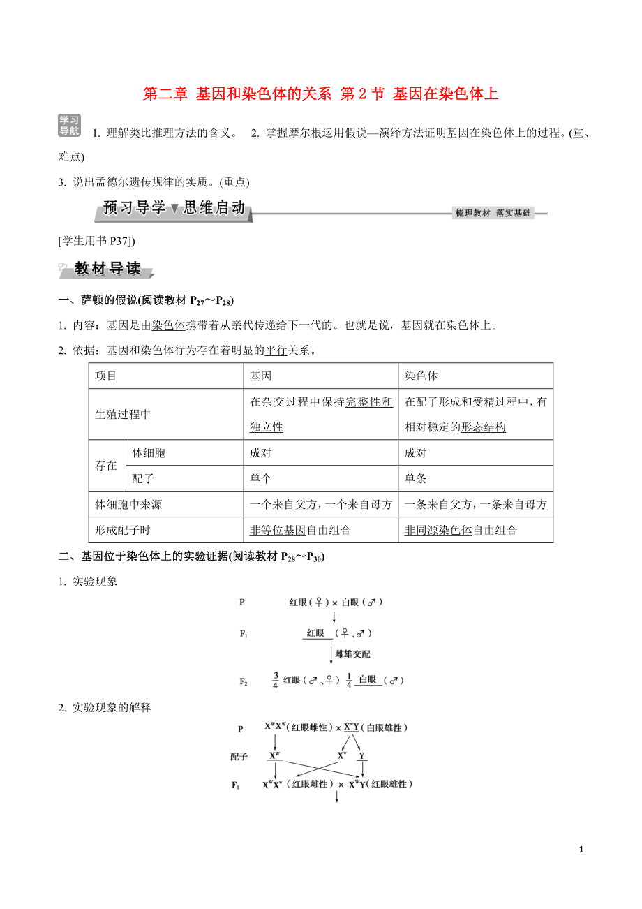 高中生物 第二章 基因和染色體的關(guān)系 第2節(jié) 基因在染色體上導(dǎo)學(xué)案 新人教版必修2_第1頁