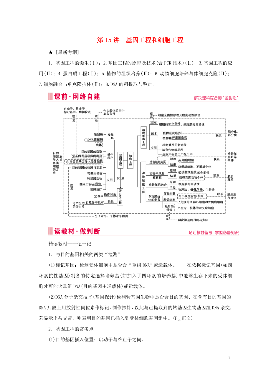 2020屆高考生物藝考生大二輪總復(fù)習(xí) 上篇 專題九 生物技術(shù)與工程 第15講 生物技術(shù) 高頻命題點(diǎn)1 基因工程教學(xué)案_第1頁