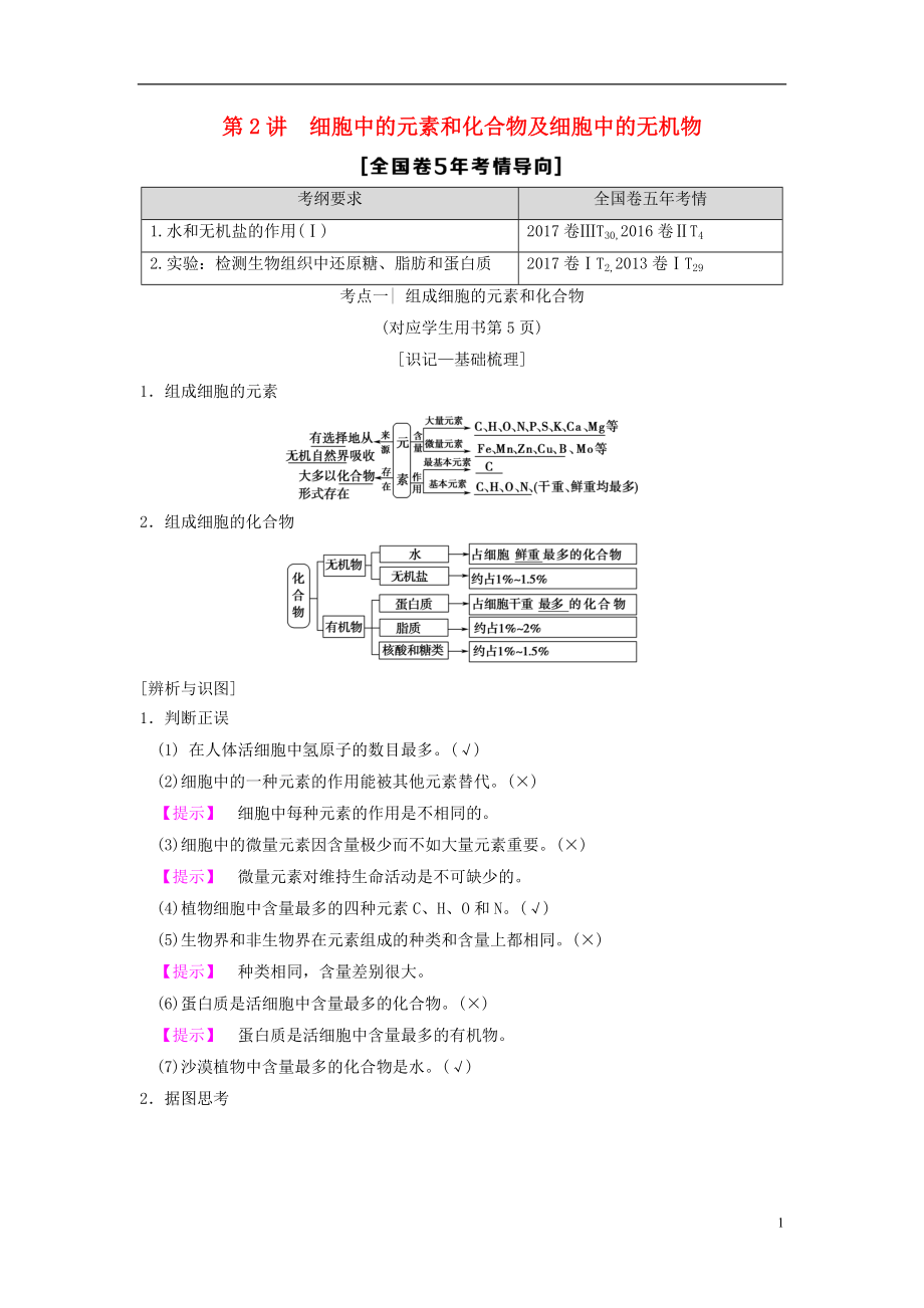 （全國(guó)版）2019版高考生物一輪復(fù)習(xí) 第1單元 細(xì)胞及其分子組成 第2講 細(xì)胞中的元素和化合物及細(xì)胞中的無(wú)機(jī)物學(xué)案_第1頁(yè)