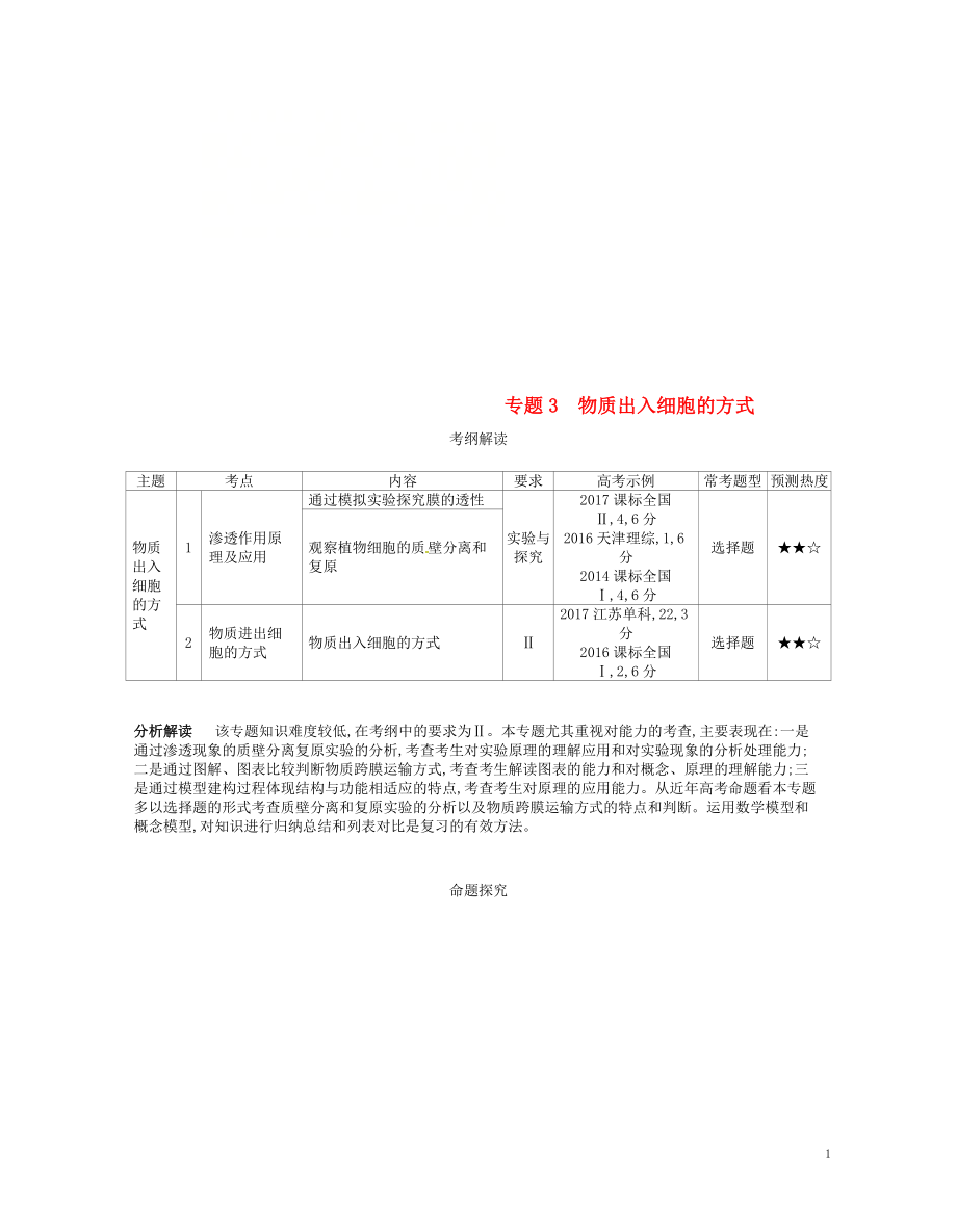 （新課標(biāo)）2019版高考生物一輪復(fù)習(xí) 專題3 物質(zhì)出入細(xì)胞的方式講學(xué)案_第1頁(yè)