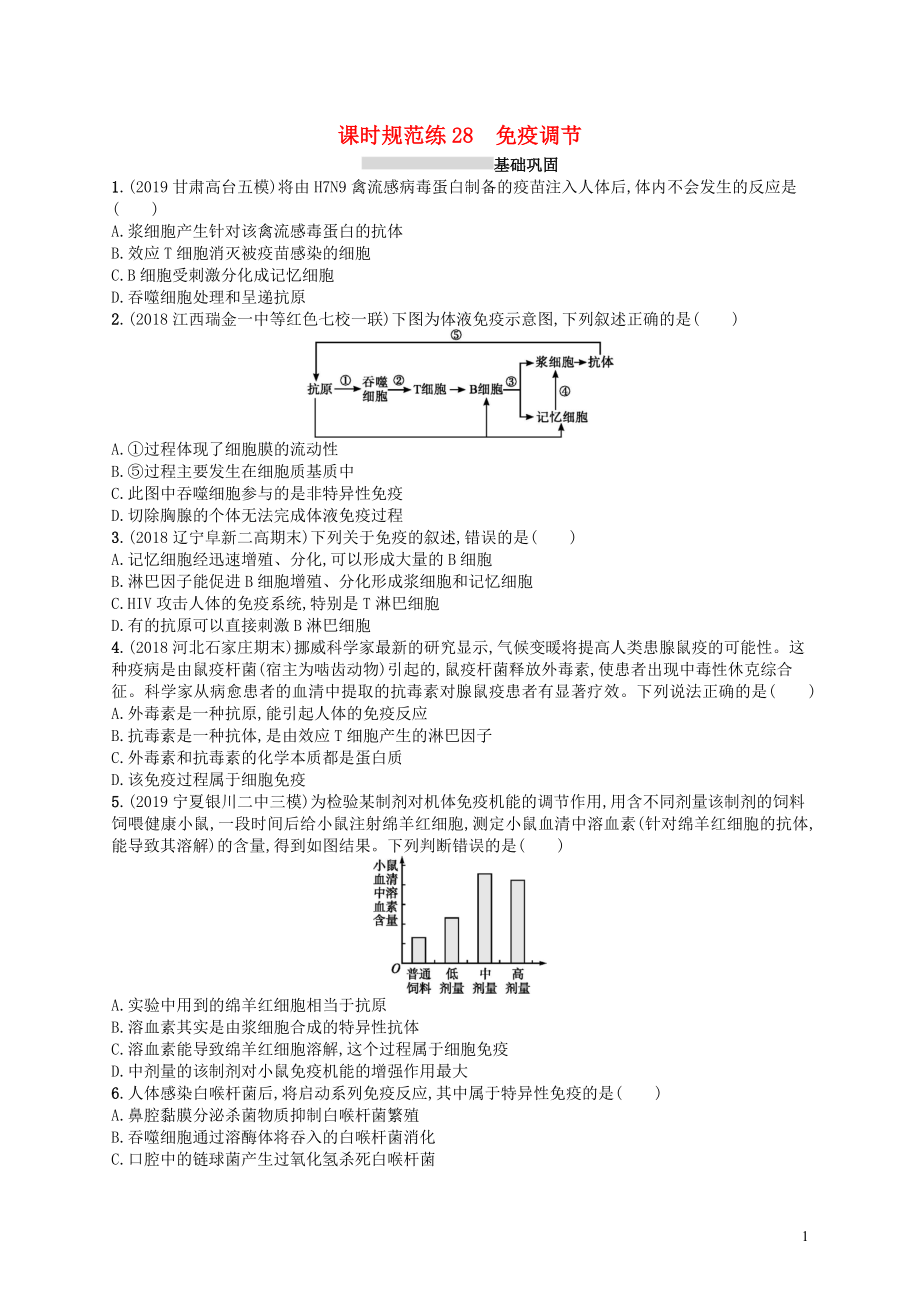 2020版高考生物大一輪復習 第8單元 穩(wěn)態(tài)與調節(jié) 課時規(guī)范練28 免疫調節(jié) 新人教版_第1頁