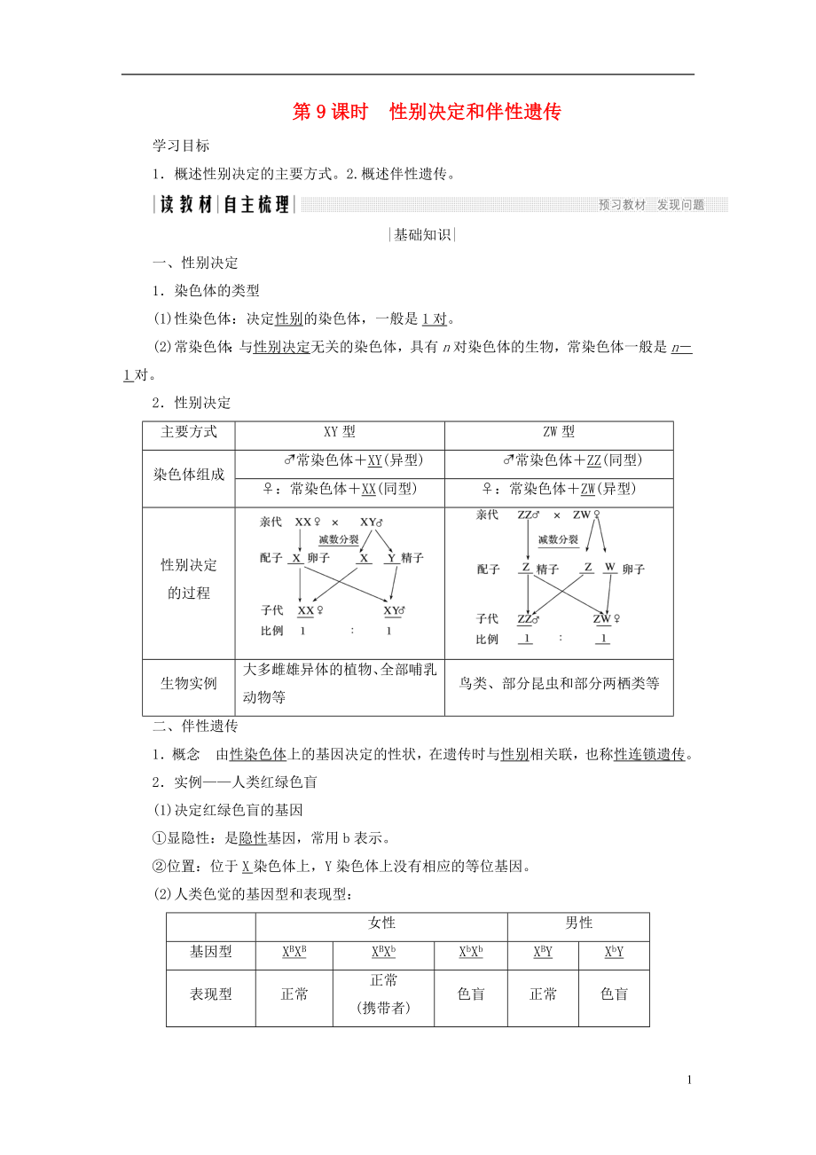 2017-2018學(xué)年高中生物 第三章 遺傳和染色體 第9課時 性別決定和伴性遺傳學(xué)案 蘇教版必修2_第1頁