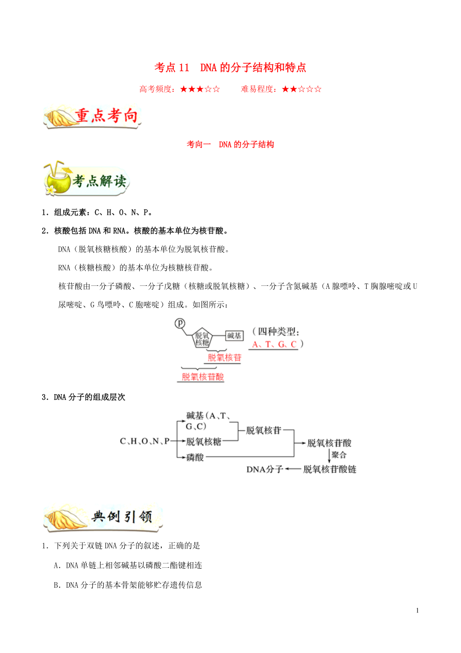 浙江新高考備戰(zhàn)2020年高考生物 考點(diǎn)一遍過(guò)11 DNA的分子結(jié)構(gòu)和特點(diǎn)（含解析）_第1頁(yè)