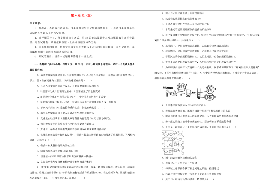 備戰(zhàn)2020年高考生物一輪復習 單元訓練金卷 第六單元 基因的本質(zhì)和表達B卷（含解析）_第1頁