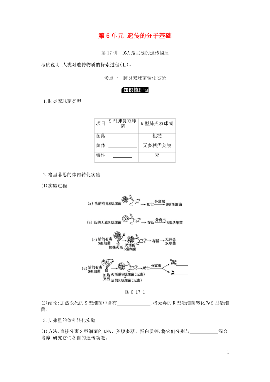 2019屆高考生物一輪復(fù)習(xí) 第6單元 遺傳的分子基礎(chǔ)聽(tīng)課學(xué)案_第1頁(yè)