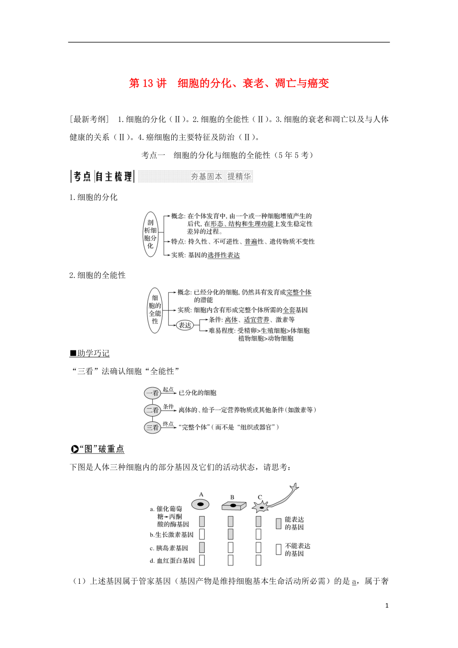 2018屆高考生物一輪復習 第四單元 細胞的生命歷程 第13講 細胞的分化、衰老、凋亡與癌變學案_第1頁