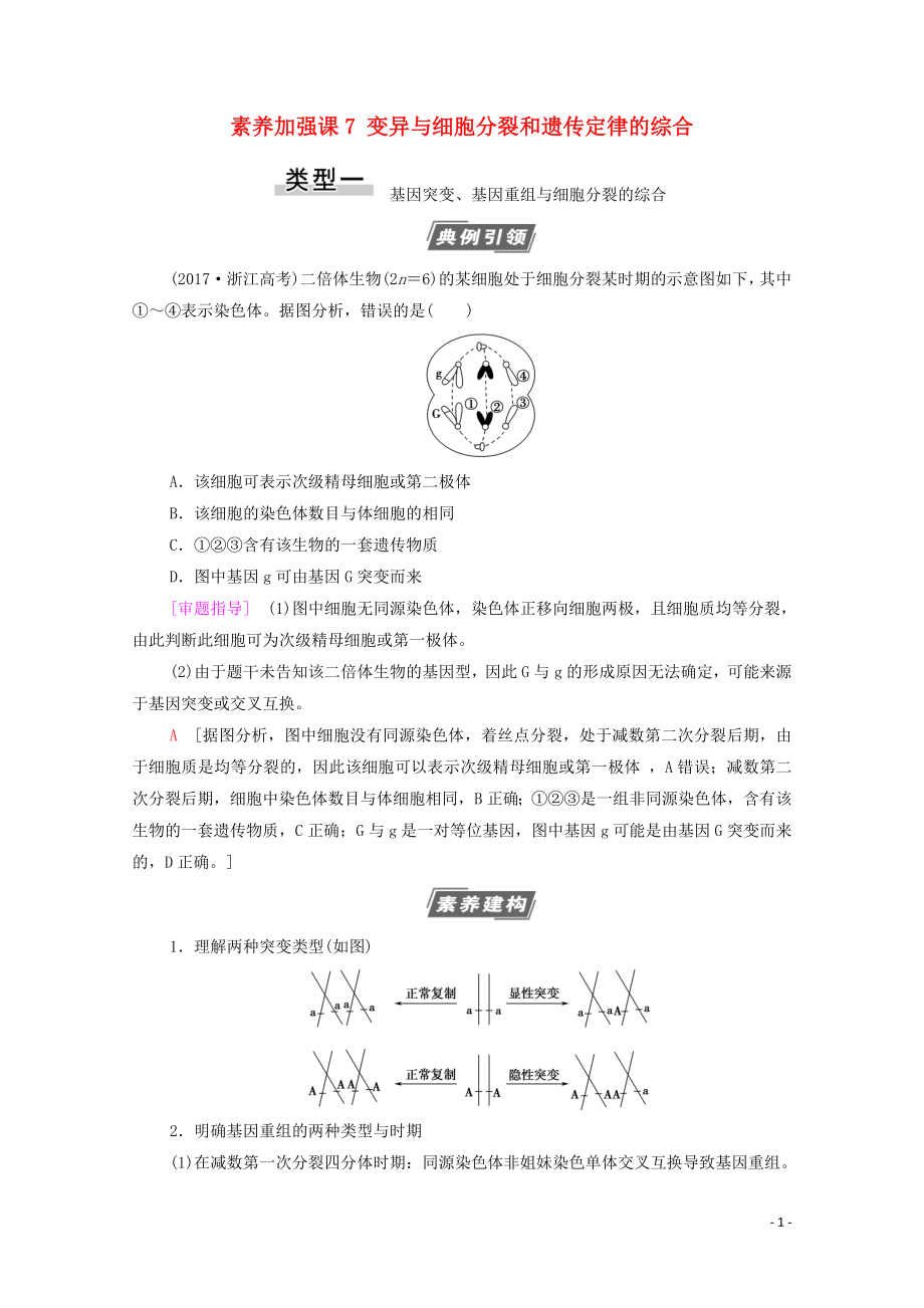 2021高考生物一輪復習 第7單元 生物的變異、育種與進化 素養(yǎng)加強課7 變異與細胞分裂和遺傳定律的綜合教學案 新人教版必修2_第1頁