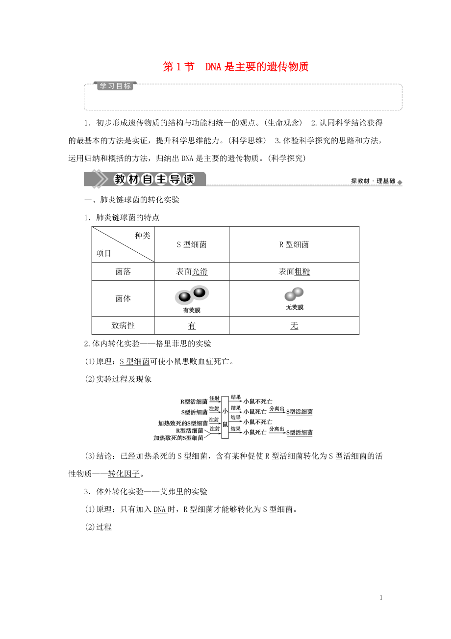 2019-2020學(xué)年新教材高中生物 第3章 基因的本質(zhì) 第1節(jié) DNA是主要的遺傳物質(zhì)學(xué)案 新人教版必修第二冊_第1頁