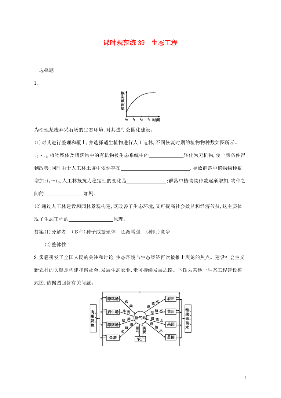 2020版高考生物一輪復(fù)習 課時規(guī)范練39 生態(tài)工程（含解析）蘇教版_第1頁