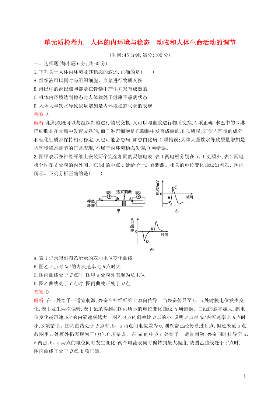 （廣西專用）2021版高考生物一輪復(fù)習(xí) 單元質(zhì)檢卷九 人體的內(nèi)環(huán)境與穩(wěn)態(tài) 動物和人體生命活動的調(diào)節(jié)（含解析）新人教版_第1頁