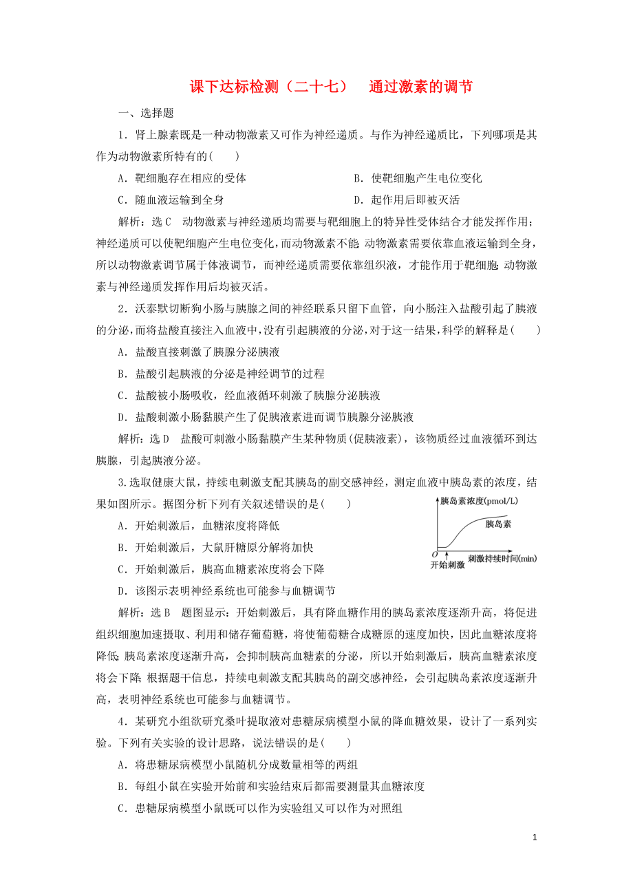 （新課改省份專用）2020版高考生物一輪復(fù)習(xí) 課下達(dá)標(biāo)檢測(cè)（二十七）通過(guò)激素的調(diào)節(jié)（含解析）_第1頁(yè)