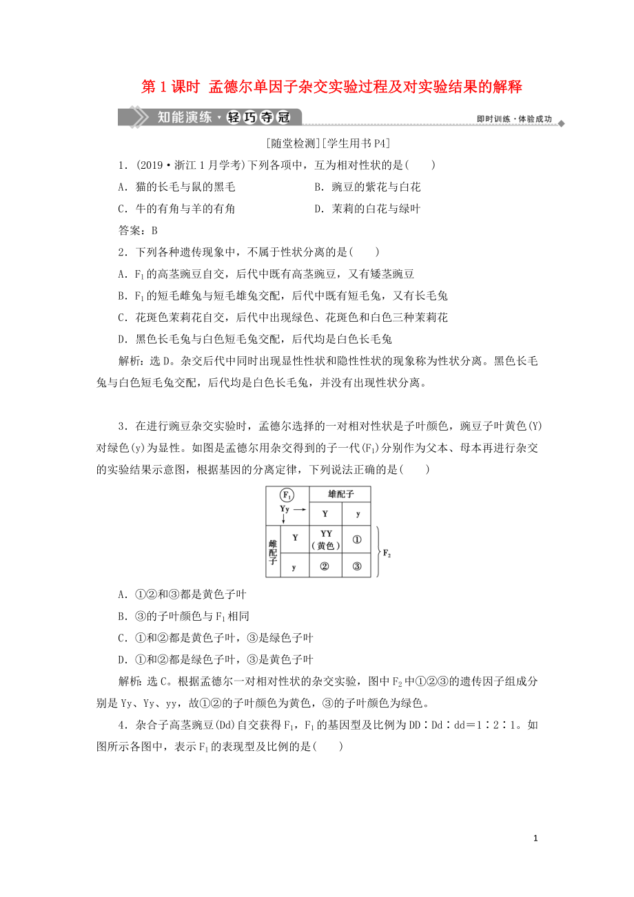 2019-2020學(xué)年高中生物 第一章 孟德爾定律 第一節(jié) 分離定律 第1課時(shí) 孟德爾單因子雜交實(shí)驗(yàn)過(guò)程及對(duì)實(shí)驗(yàn)結(jié)果的解釋知能演練輕巧奪冠 浙科版必修2_第1頁(yè)