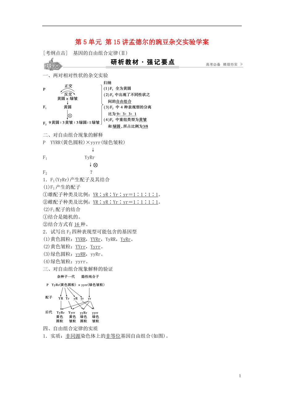 2017高考生物總復習 第5單元 第15講孟德爾的豌豆雜交實驗學案_第1頁