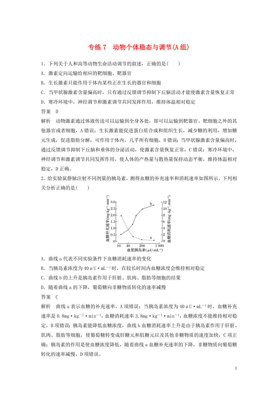 （浙江專用）2020年高考生物 考前增分專項練輯 專項1 選擇題速練 專練7 動物個體穩(wěn)態(tài)與調(diào)節(jié)（A組）（含解析）_第1頁