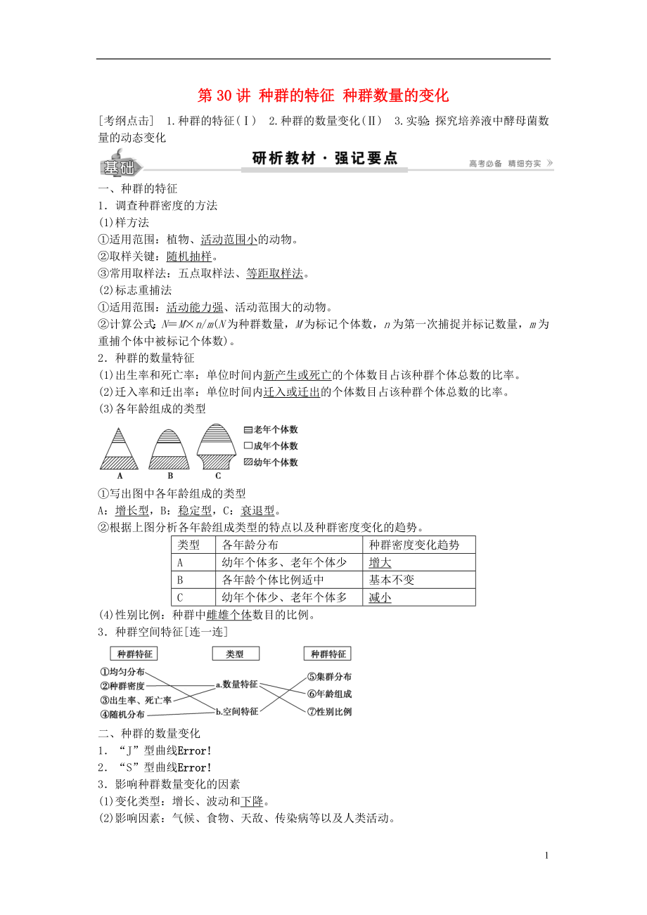 2017高考生物總復(fù)習(xí) 第9單元 第30講 種群的特征種群數(shù)量的變化學(xué)案_第1頁
