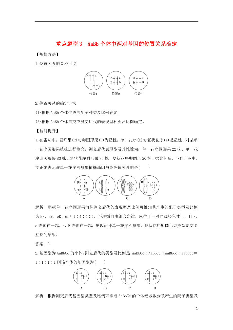 2019版高考生物總復習 第一部分 非選擇題必考五大專題 專題二 遺傳規(guī)律 重點題型3 AaBb個體中兩對基因的位置關系確定學案_第1頁