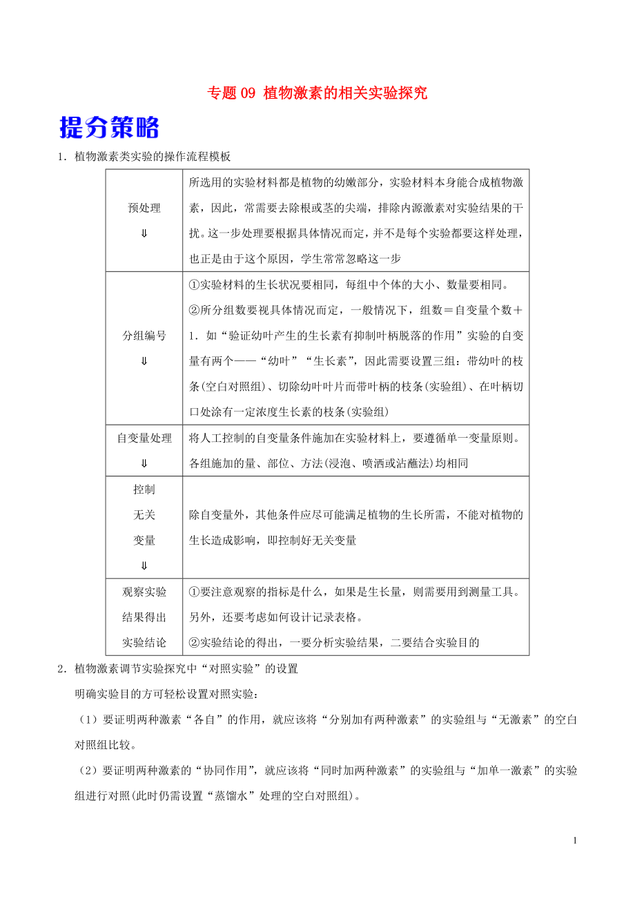 備戰(zhàn)2019年高考生物 熱點(diǎn)題型提分策略 專題09 植物激素的相關(guān)實(shí)驗(yàn)探究學(xué)案_第1頁