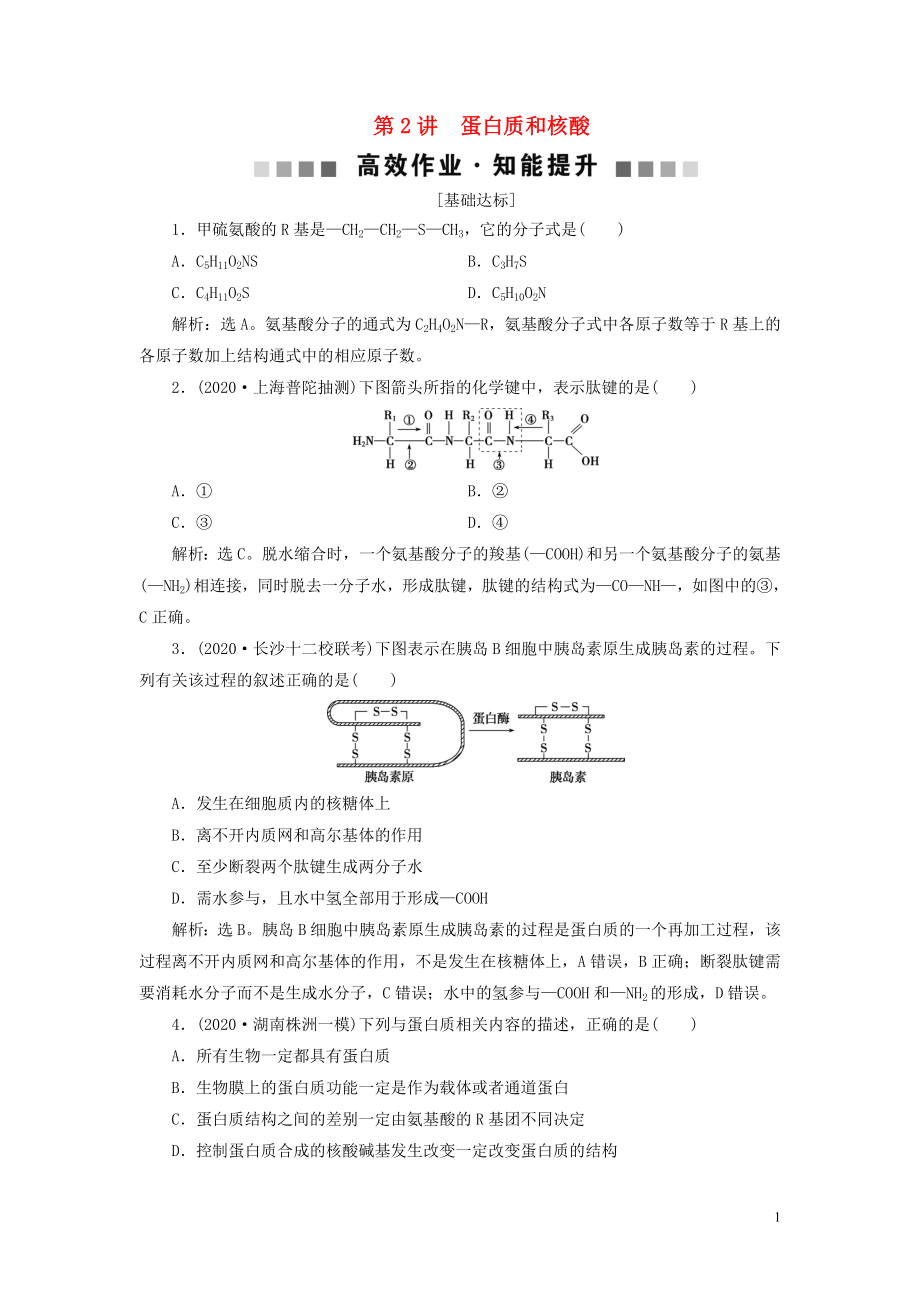 （選考）2021版新高考生物一輪復(fù)習(xí) 第一單元 細(xì)胞的分子組成 第2講 蛋白質(zhì)和核酸高效作業(yè)知能提升 新人教版_第1頁