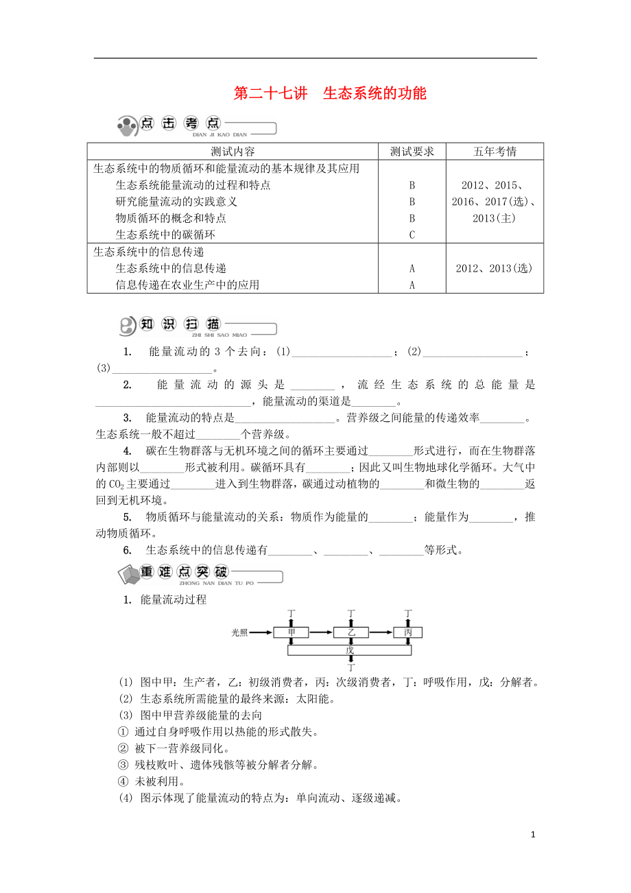 江蘇省2018版高中生物 第二十七講 生態(tài)系統(tǒng)的功能學案 蘇教版必修3_第1頁