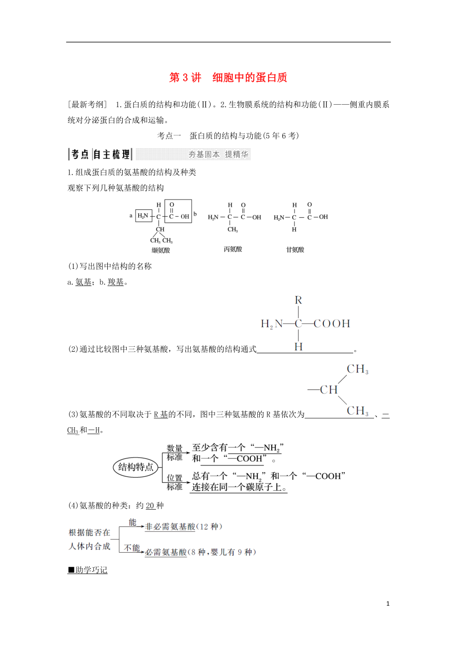 2019版高考生物一輪復(fù)習(xí) 第二單元 細(xì)胞的自我保障 第3講 細(xì)胞中的蛋白質(zhì)創(chuàng)新備考學(xué)案 中圖版_第1頁