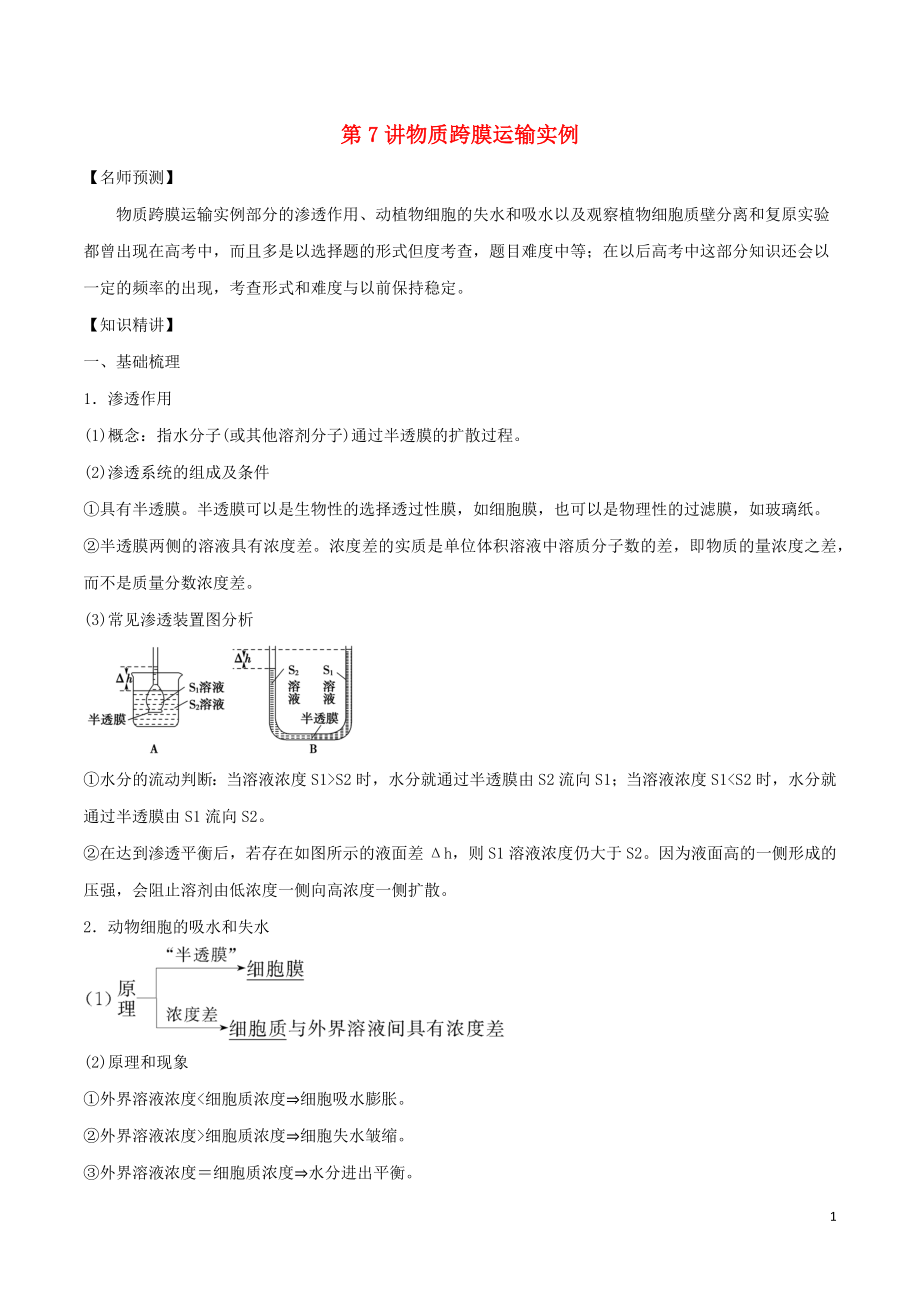 山東省2020年高考生物一輪復(fù)習(xí) 考點(diǎn)掃描 專題07 物質(zhì)跨膜運(yùn)輸實(shí)例（含解析）_第1頁(yè)