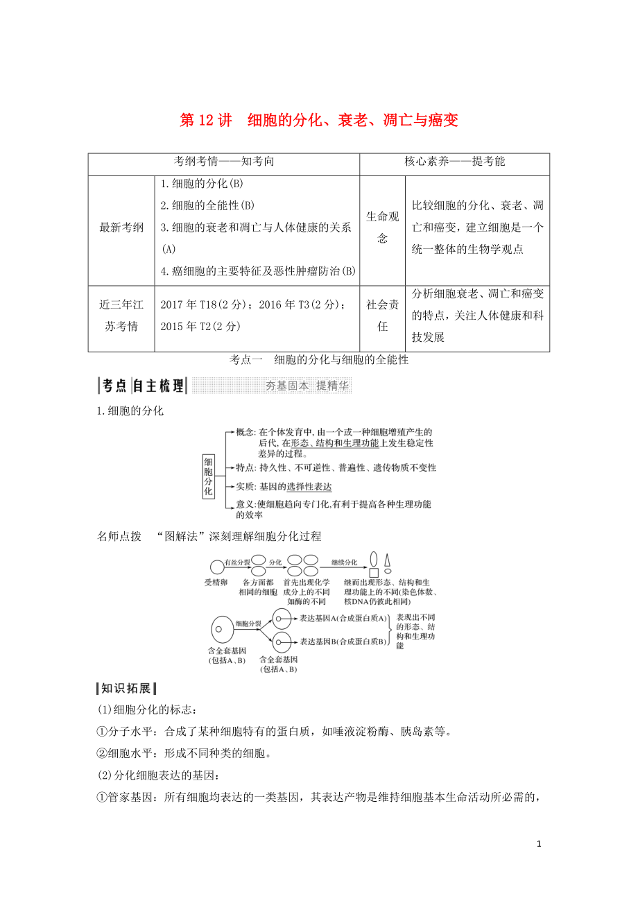 （江蘇專用）2020版新高考生物 第四單元 細胞的生命歷程 第12講 細胞的分化、衰老、凋亡與癌變學案_第1頁