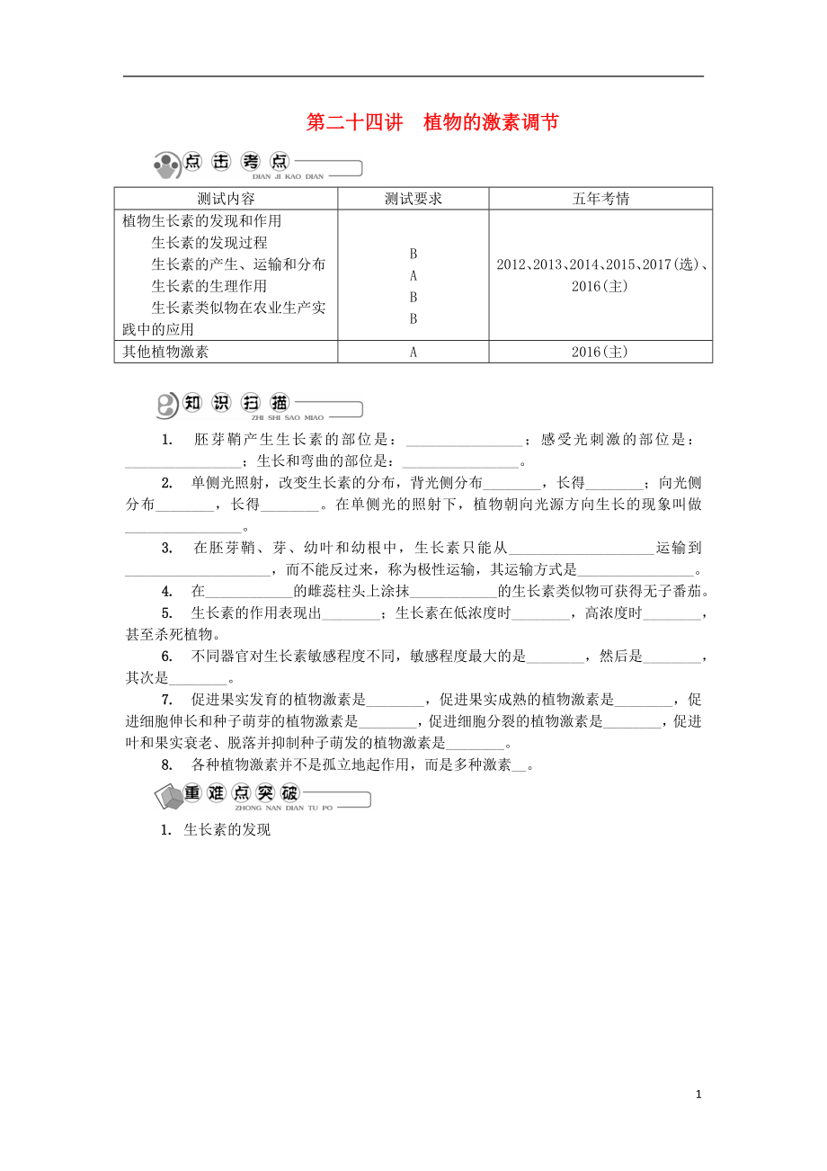 江蘇省2018版高中生物 第二十四講 植物的激素調(diào)節(jié)學(xué)案 蘇教版必修3_第1頁(yè)