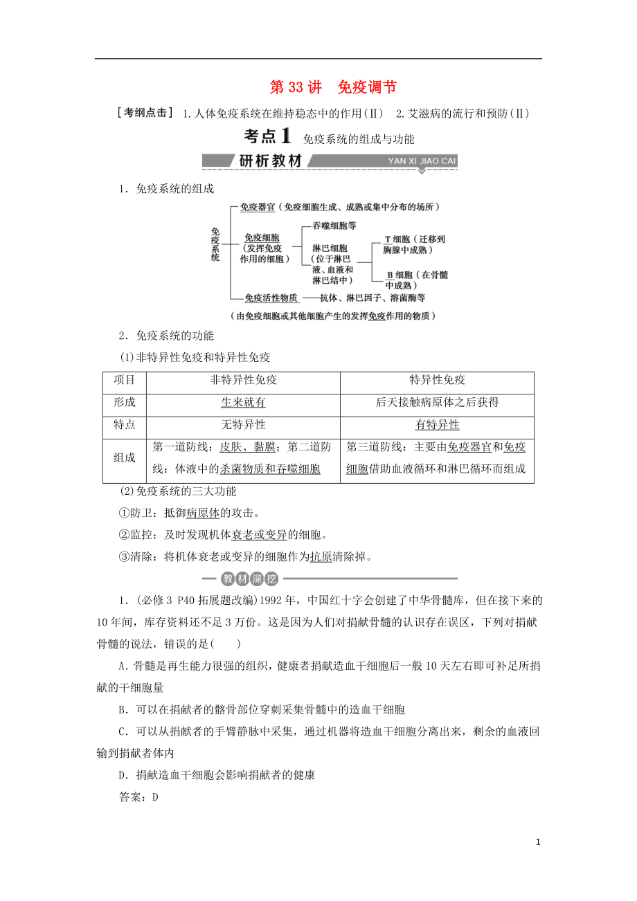 （全國）2018版高考生物大一輪復(fù)習(xí) 第八單元 生命活動的調(diào)節(jié) 第33講 免疫調(diào)節(jié)學(xué)案_第1頁