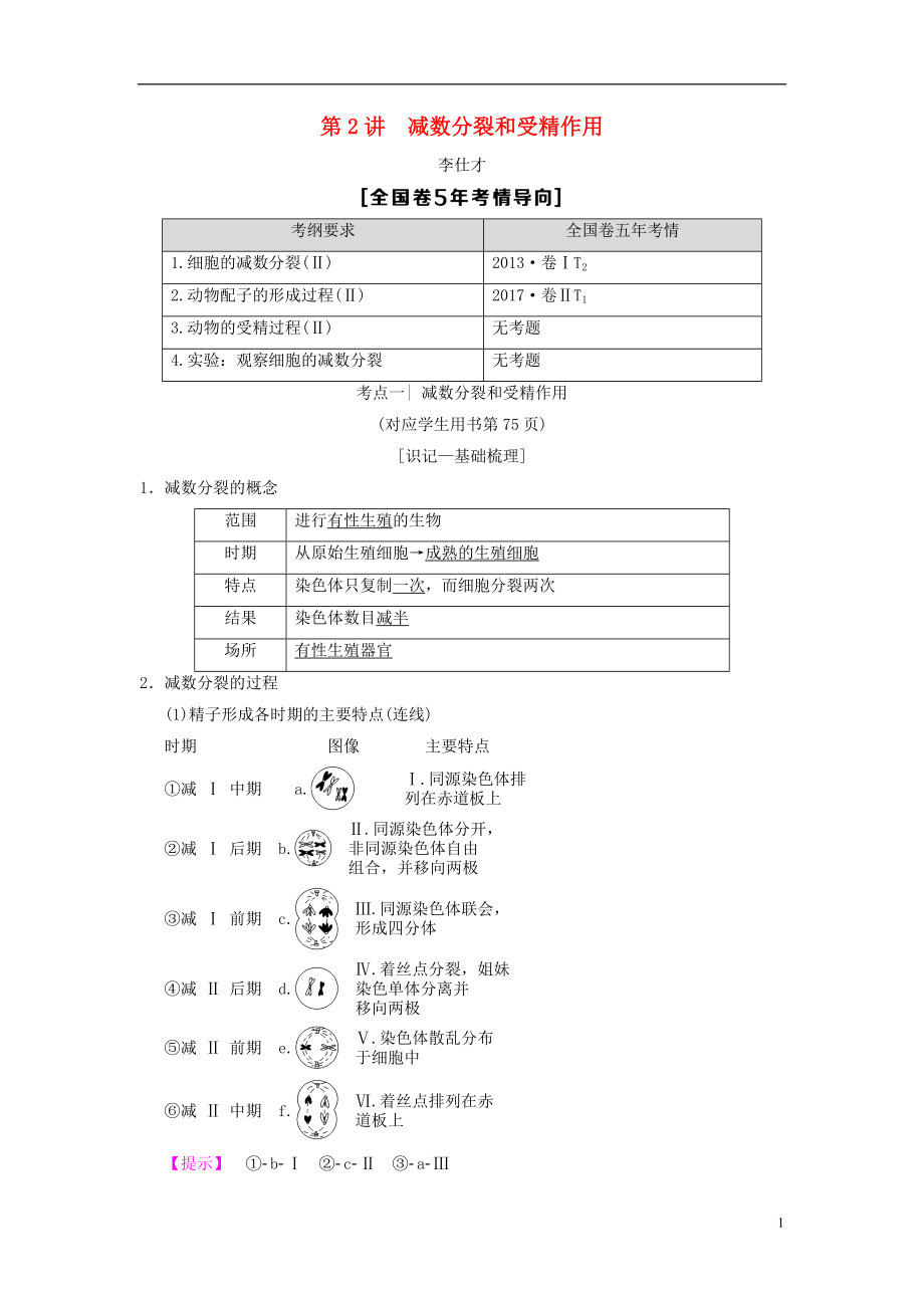 山東省2019高考生物 第4單元 細(xì)胞的生命歷程（2）減數(shù)分裂和受精作用導(dǎo)學(xué)案（含解析）新人教版必修1_第1頁(yè)