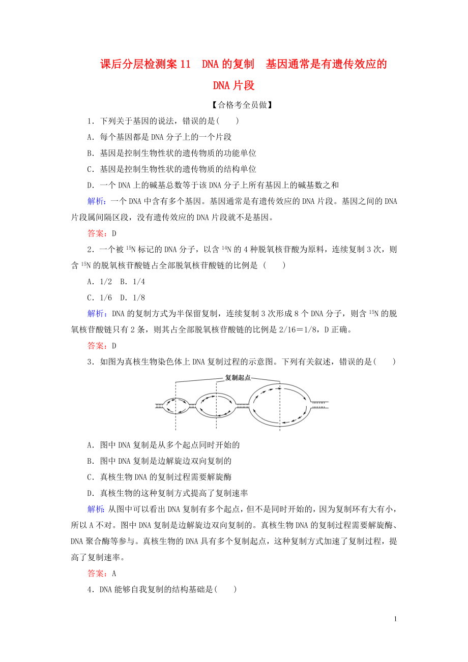 2020新教材高中生物 課后分層檢測案11 DNA的復制 基因通常是有遺傳效應(yīng)的DNA片段 新人教版第二冊_第1頁