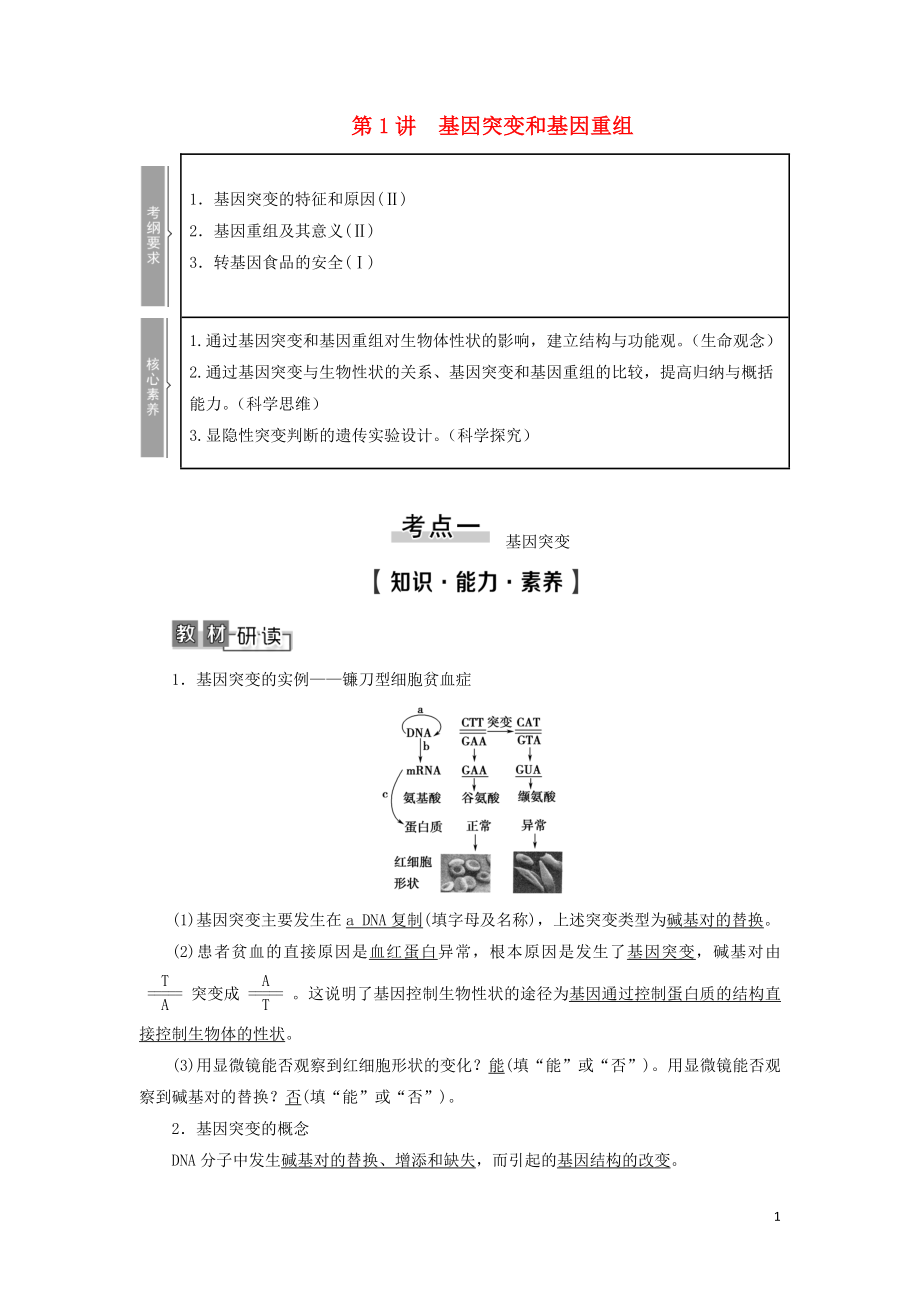 2021版高考生物一輪復(fù)習(xí) 第7單元 生物的變異、育種與進(jìn)化 第1講 基因突變和基因重組學(xué)案 蘇教版必修2_第1頁