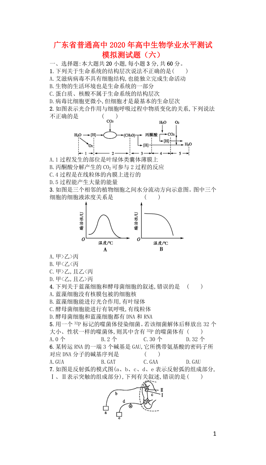 广东省普通高中2020年高中生物学业水平测试模拟测试题（六）_第1页