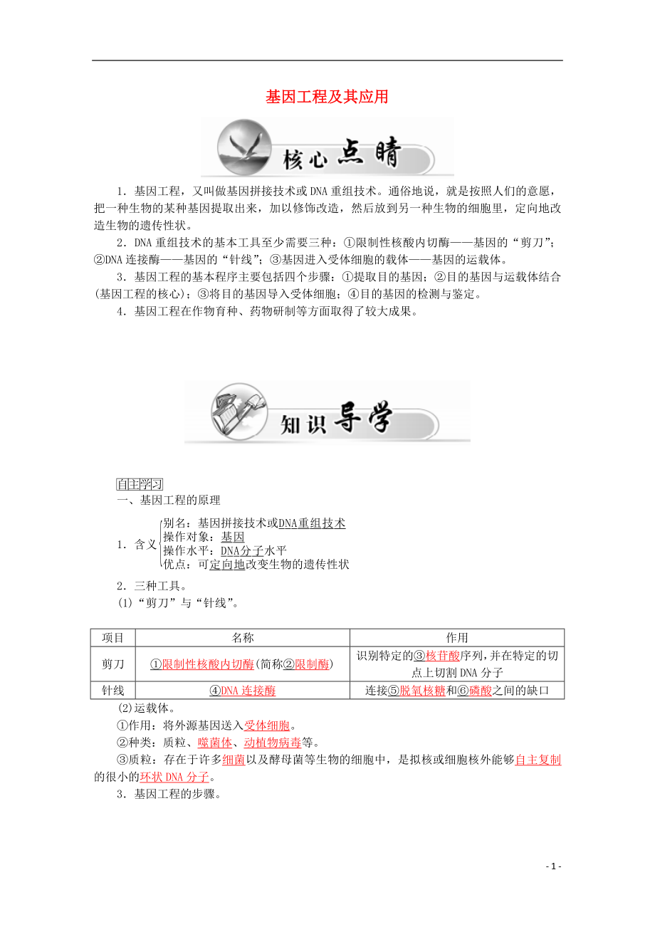 2015-2016學(xué)年高中生物 第6章 第2節(jié) 基因工程及其應(yīng)用學(xué)案 新人教版必修2_第1頁