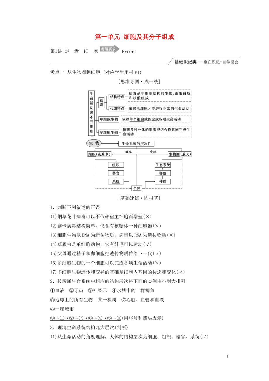 （江苏专版）2019版高考生物一轮复习 第一单元 细胞及其分子组成学案 必修1_第1页