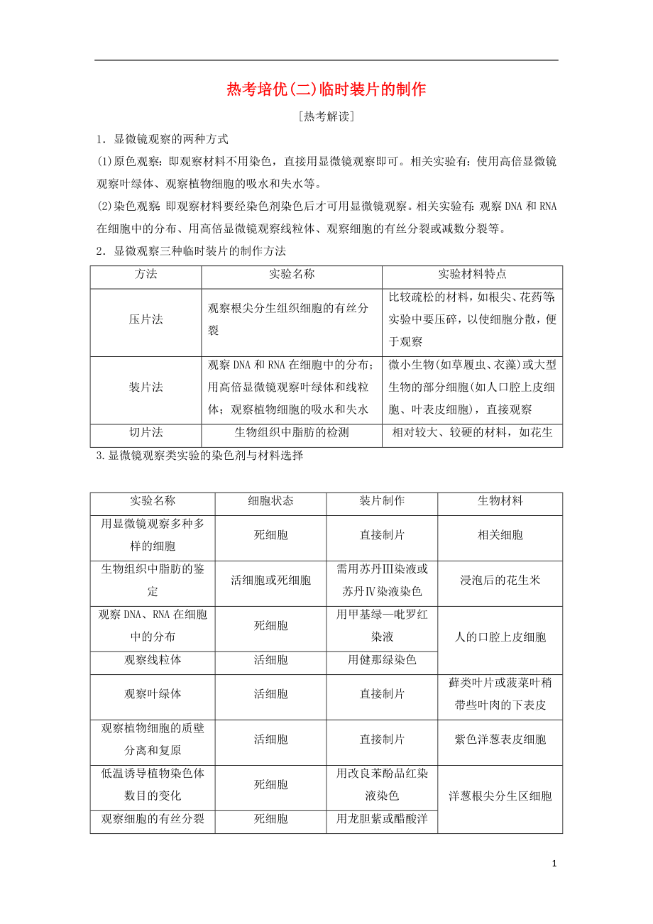 2019屆高考生物一輪復(fù)習(xí) 第二單元 細(xì)胞的結(jié)構(gòu)和物質(zhì)運(yùn)輸 熱考培優(yōu)（二）臨時(shí)裝片的制作學(xué)案_第1頁