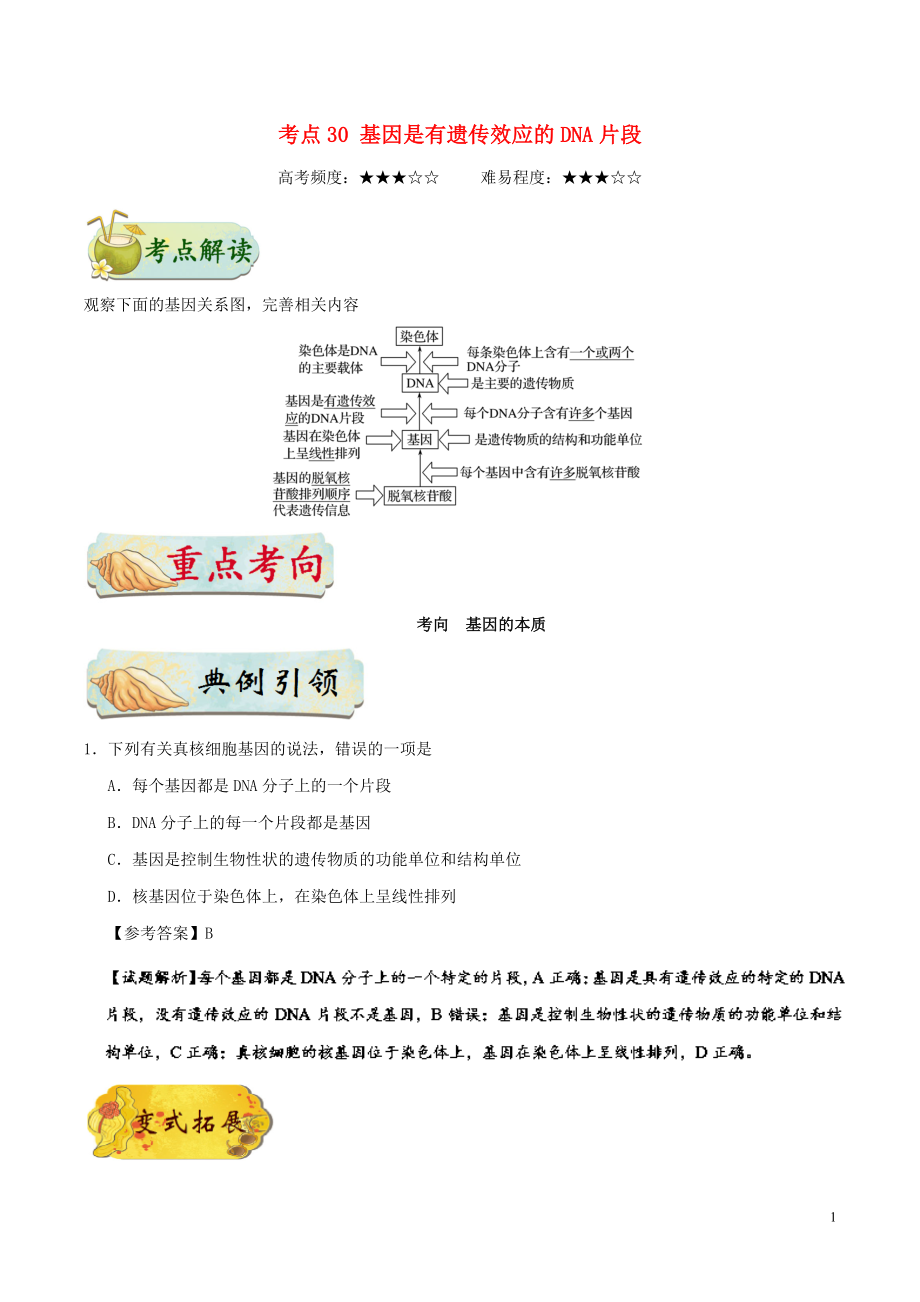 備戰(zhàn)2019年高考生物 考點(diǎn)一遍過 考點(diǎn)30 基因是有遺傳效應(yīng)的DNA片段（含解析）_第1頁