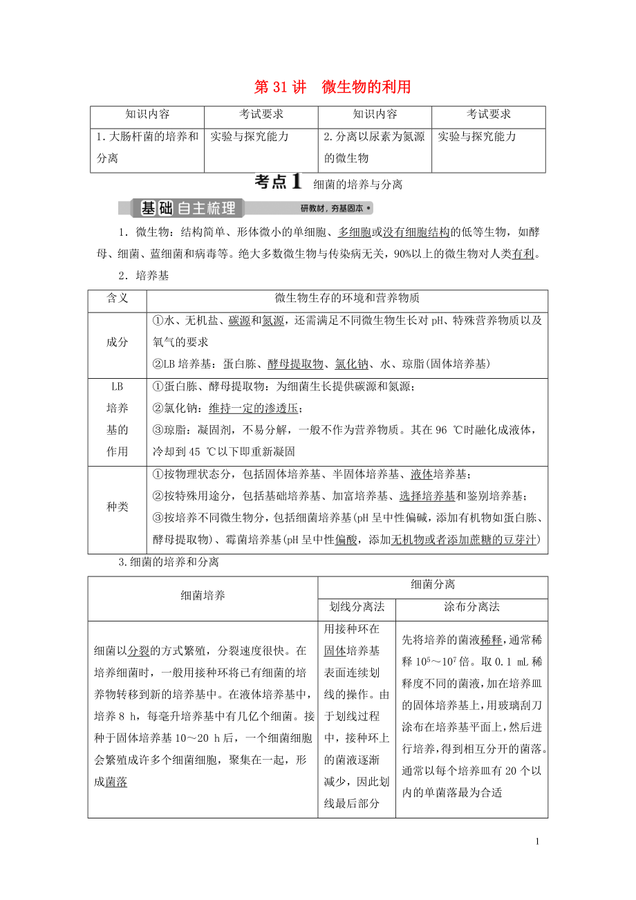 （浙江選考）2021版新高考生物一輪復(fù)習(xí) 專題11 生物技術(shù)實(shí)踐 第31講 微生物的利用教學(xué)案 新人教版_第1頁(yè)