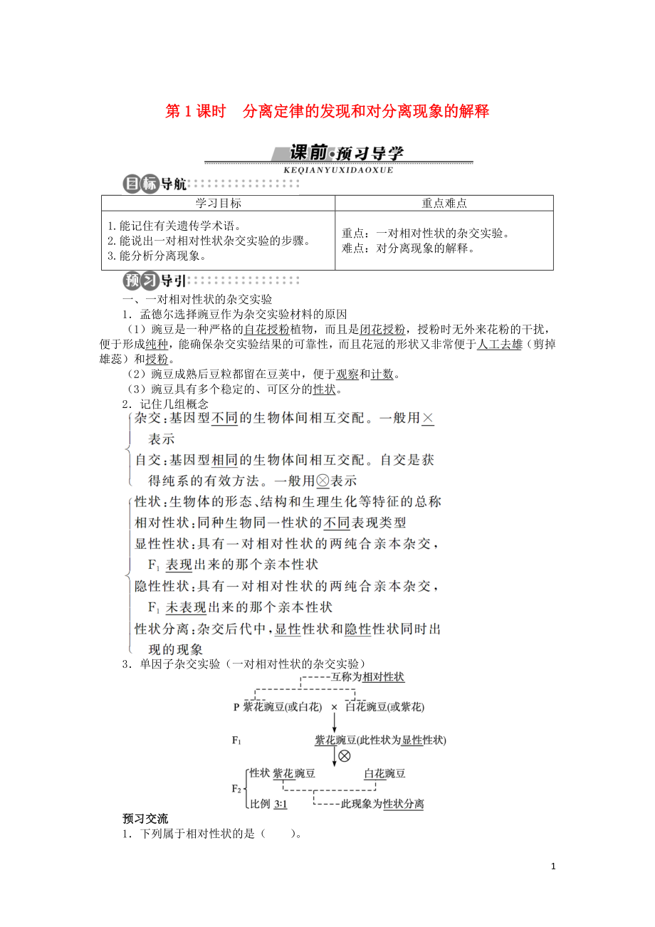 高中生物 第一章 第一節(jié) 分離定律 第一課時(shí) 分離定律的發(fā)現(xiàn)和對(duì)分離現(xiàn)象的解釋學(xué)案 浙科版必修2_第1頁