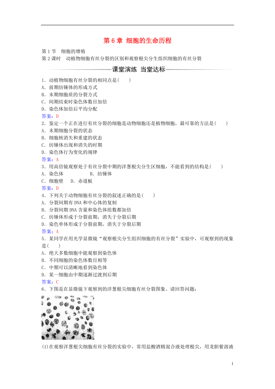 2016年秋高中生物 第6章 第1節(jié) 動(dòng)植物細(xì)胞有絲分裂的區(qū)別和觀察根尖分生組織細(xì)胞的有絲分裂（第2課時(shí)）練習(xí) 新人教版必修1_第1頁