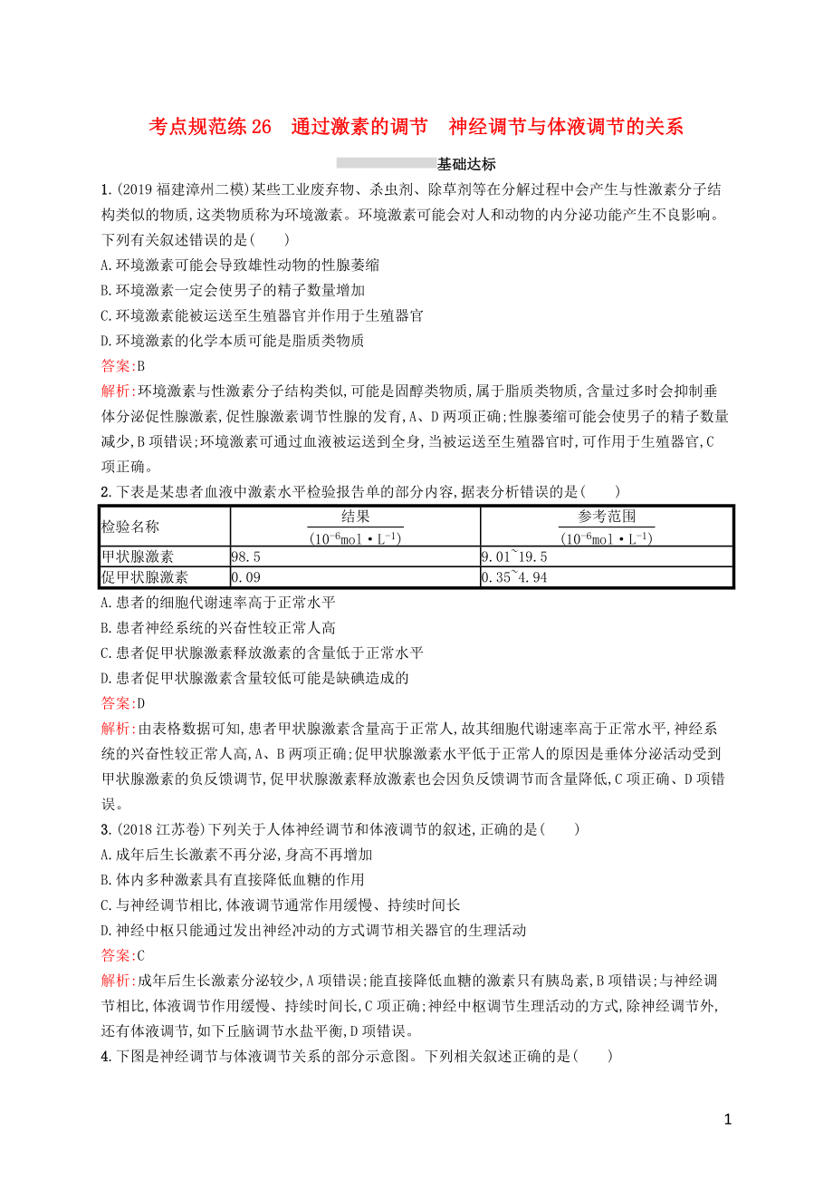 （廣西專用）2021版高考生物一輪復習 考點規(guī)范練26 通過激素的調節(jié) 神經調節(jié)與體液調節(jié)的關系（含解析）新人教版_第1頁