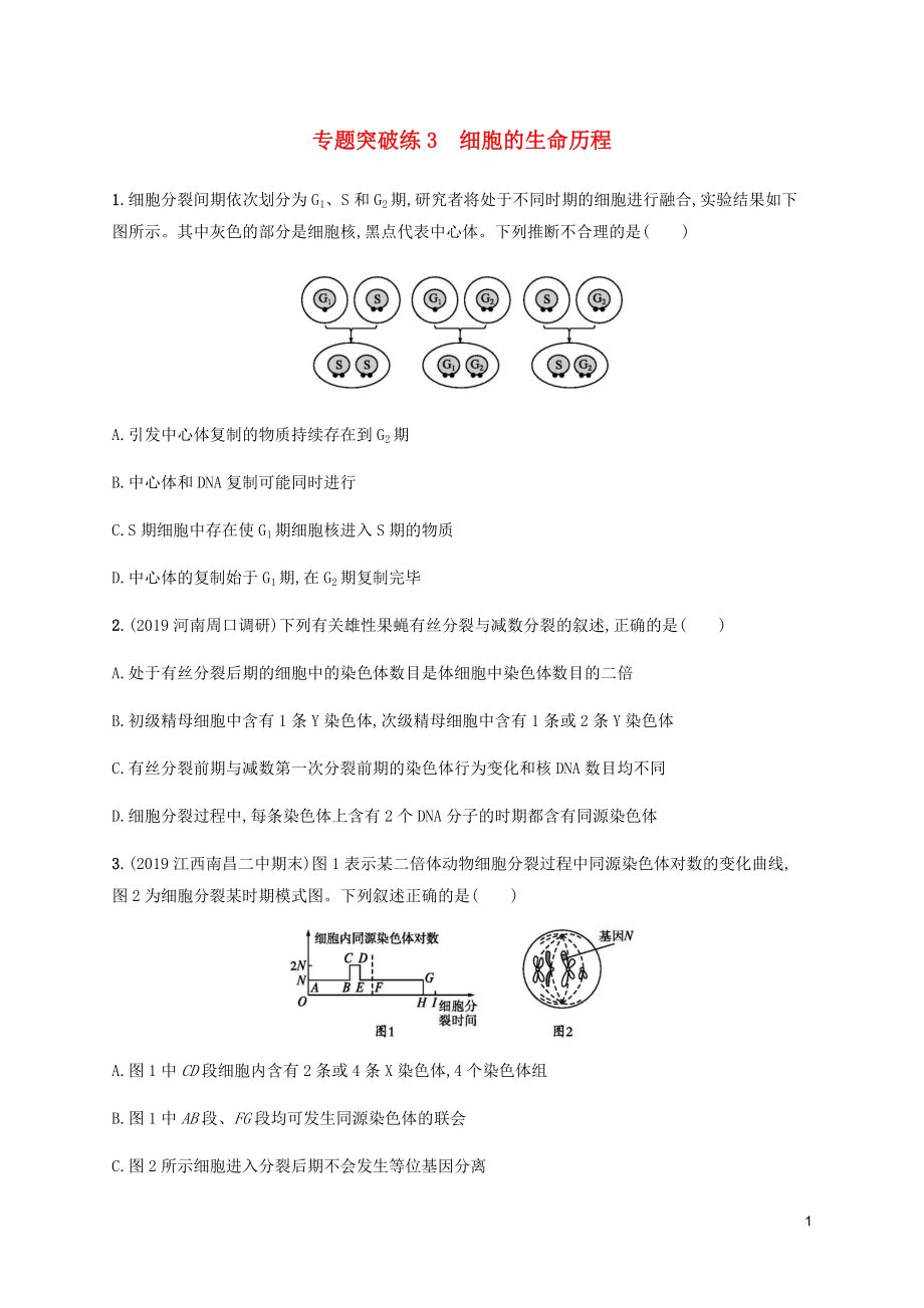 （通用版）2020版高考生物大二輪復(fù)習(xí) 專題突破練3 細(xì)胞的生命歷程（含解析）_第1頁