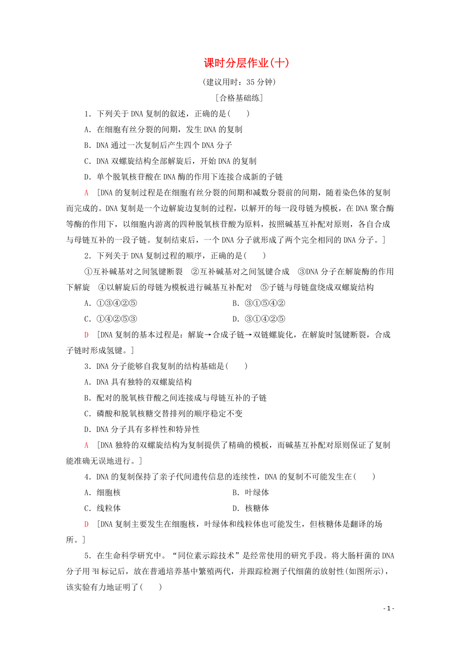 2019-2020學(xué)年新教材高中生物 課時(shí)分層作業(yè)10 DNA的復(fù)制 基因通常是有遺傳效應(yīng)的DNA片段 新人教版必修第二冊(cè)_第1頁(yè)