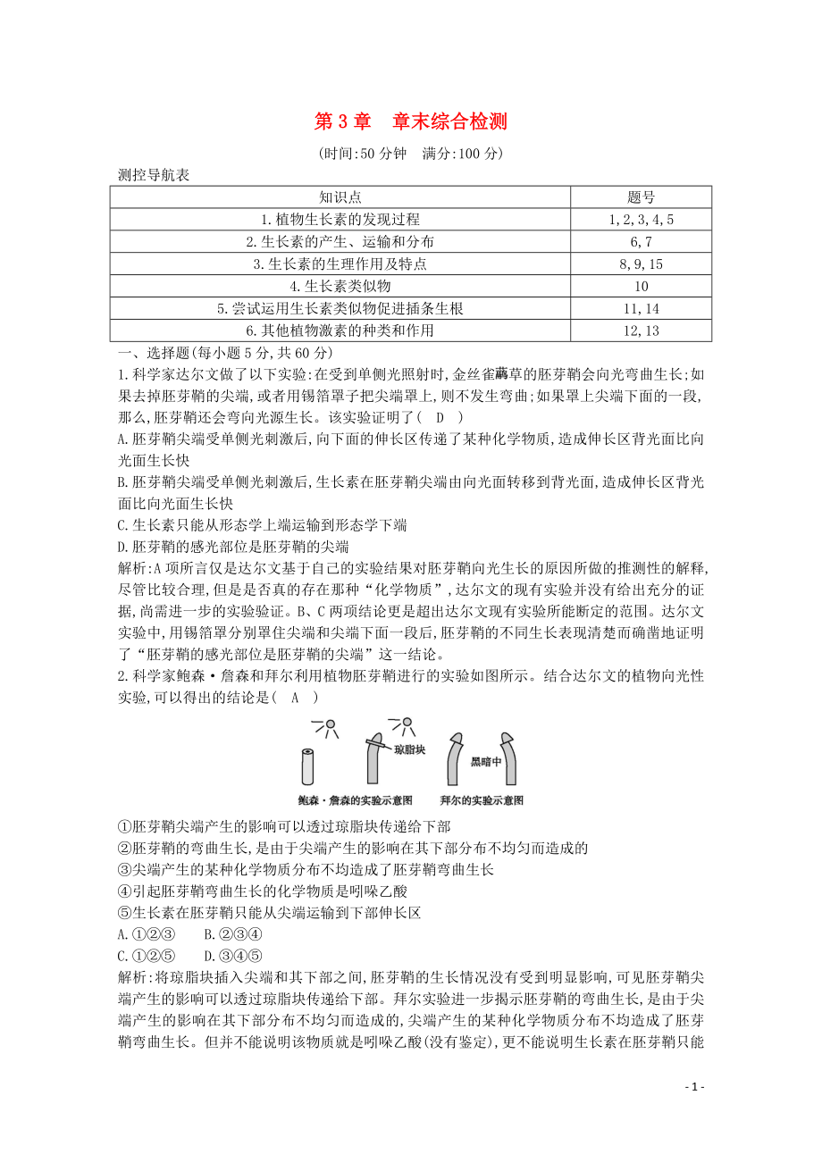 2020版高中生物 第3章 植物的激素调节 章末综合检测（含解析）新人教版必修3_第1页