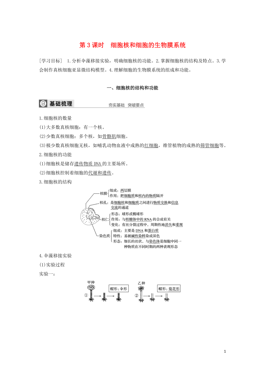 2019-2020版高中生物 第3章 細(xì)胞的結(jié)構(gòu)和功能 第二節(jié) 第3課時(shí) 細(xì)胞核和細(xì)胞的生物膜系統(tǒng)學(xué)案 蘇教版必修1_第1頁(yè)