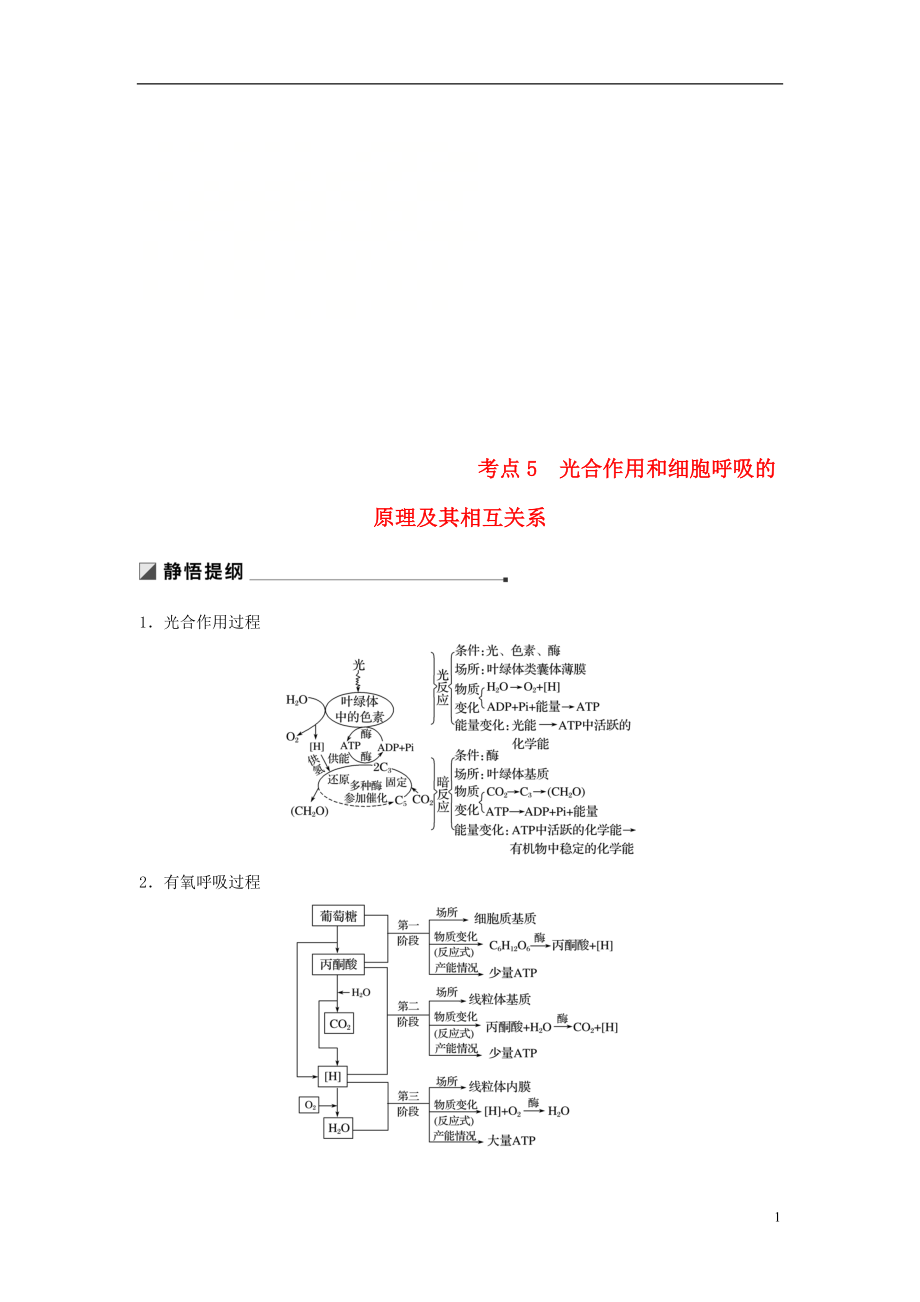 （江蘇專版）2019版高考生物二輪增分策略 專題二 細(xì)胞代謝 考點(diǎn)5 光合作用和細(xì)胞呼吸的原理及其相互關(guān)系學(xué)案_第1頁(yè)