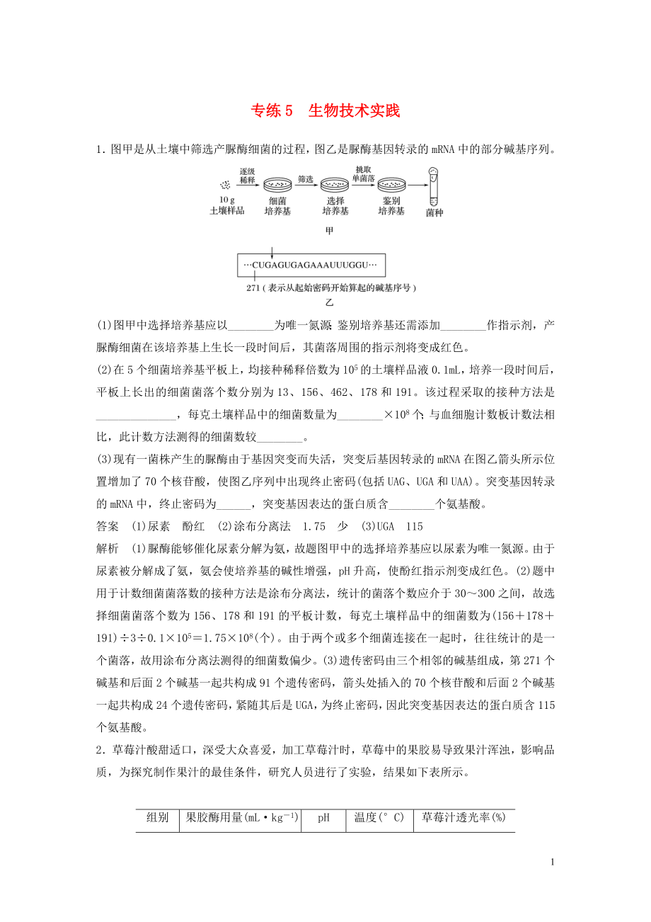 （浙江专用）2020年高考生物 考前增分专项练辑 专项2 简答题规范练 专练5 生物技术实践（含解析）_第1页