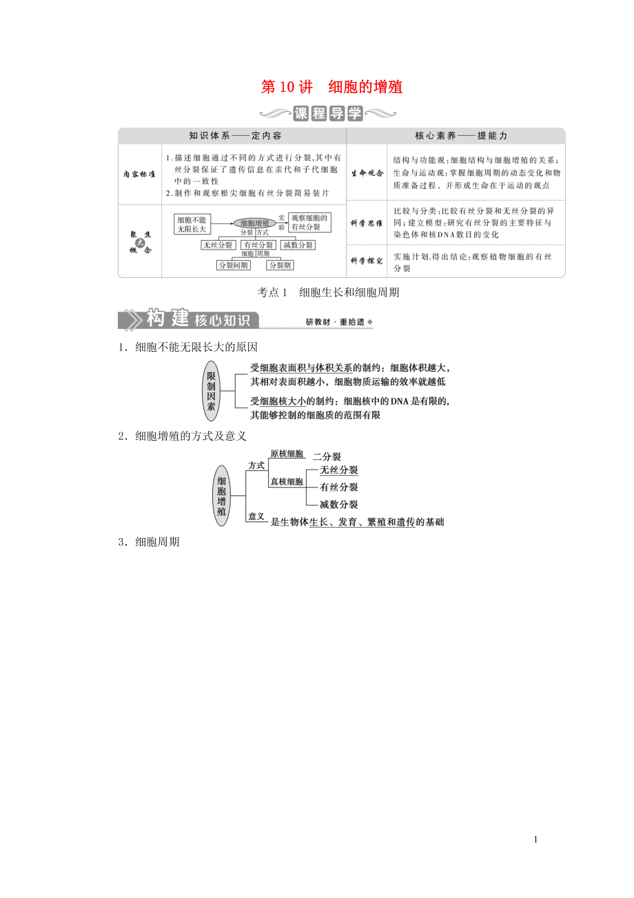 （選考）2021版新高考生物一輪復(fù)習(xí) 第四單元 細(xì)胞的生命歷程 第10講 細(xì)胞的增殖學(xué)案 新人教版_第1頁