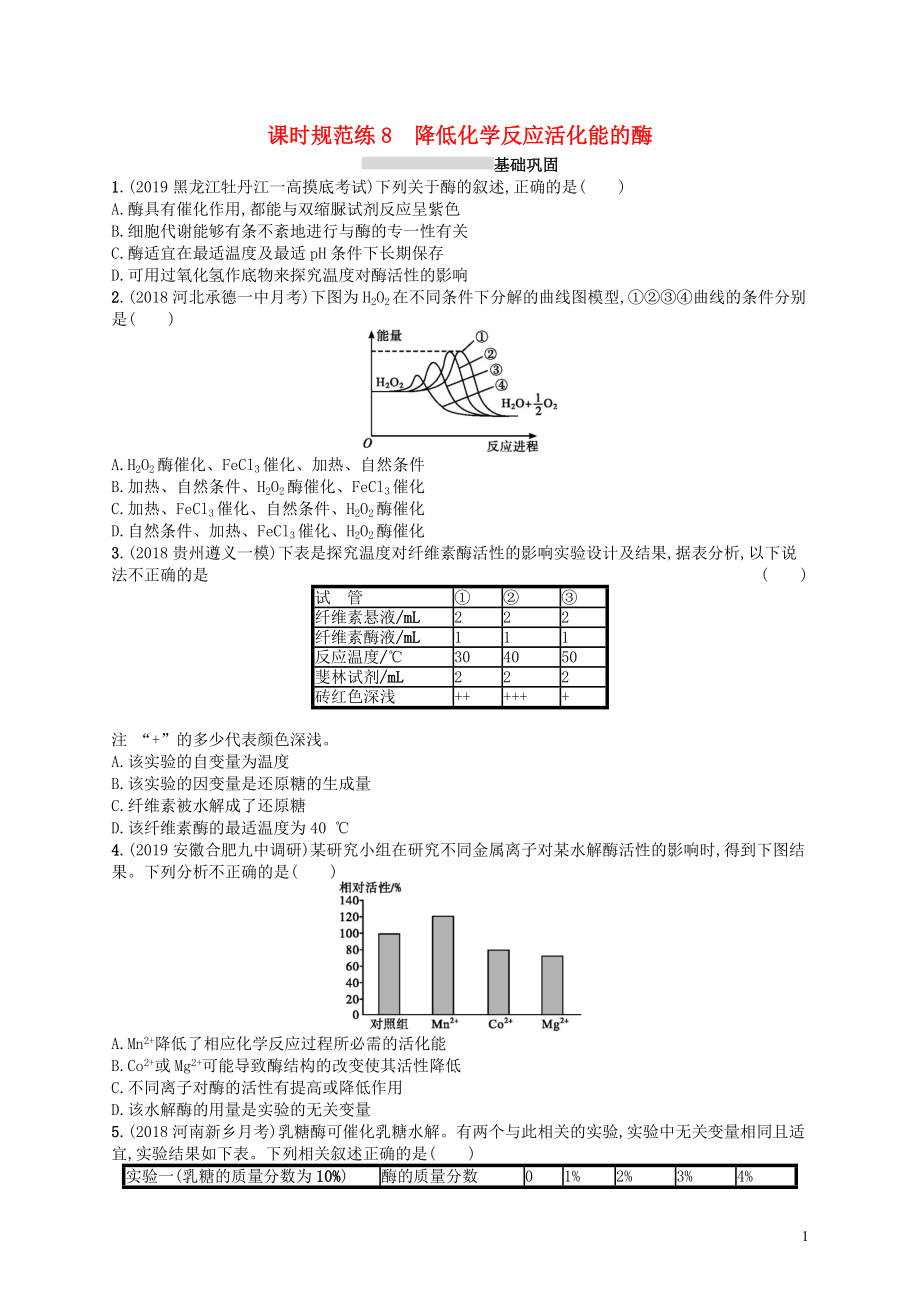 2020版高考生物大一輪復(fù)習(xí) 第3單元 細(xì)胞的能量供應(yīng)和利用 課時(shí)規(guī)范練8 降低化學(xué)反應(yīng)活化能的酶 新人教版_第1頁(yè)