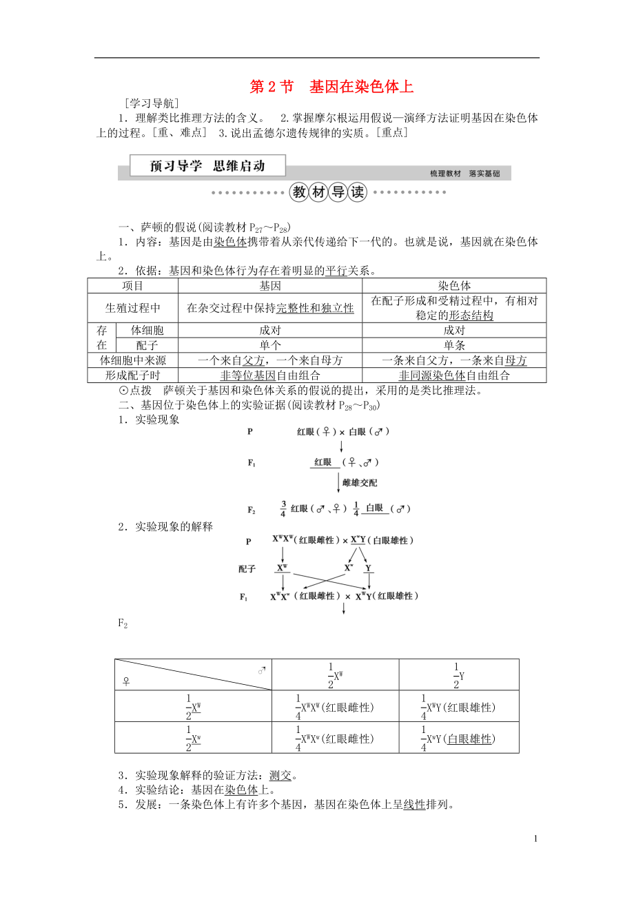 优化方案2016版高中生物 第二章 基因和染色体的关系 第2节 基因在染色体上学案 新人教版必修2_第1页