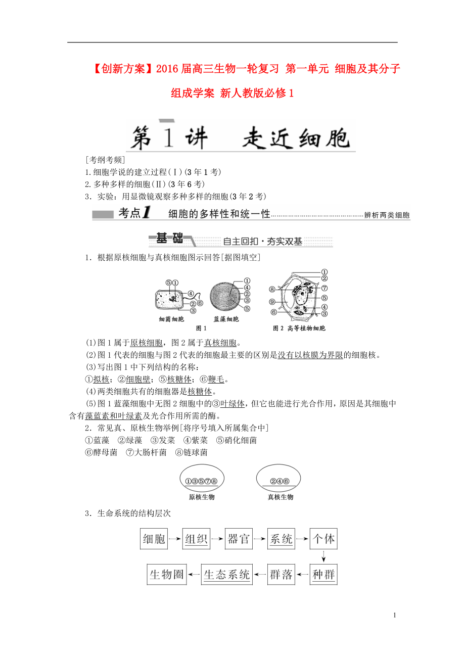 2016屆高三生物一輪復(fù)習(xí) 第一單元 細(xì)胞及其分子組成學(xué)案 新人教版必修1_第1頁